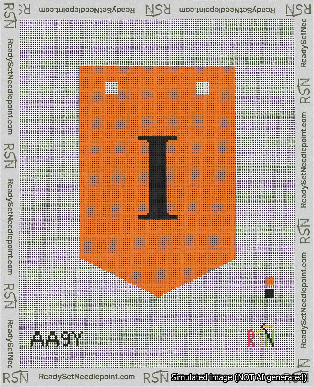 A taped needlepoint canvas with the design: Banner 18 mesh count Pointed I Black on Orange.