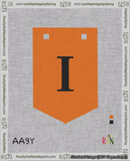 A taped needlepoint canvas with the design: Banner 18 mesh count Pointed I Black on Orange.