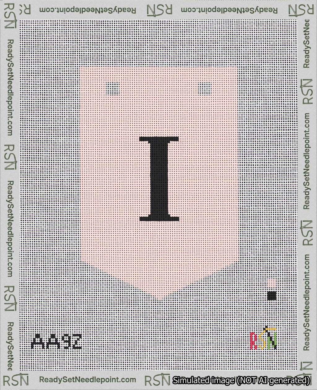 A taped needlepoint canvas with the design: Banner 18 mesh count Pointed I Black on Pink.