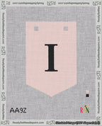 A taped needlepoint canvas with the design: Banner 18 mesh count Pointed I Black on Pink.