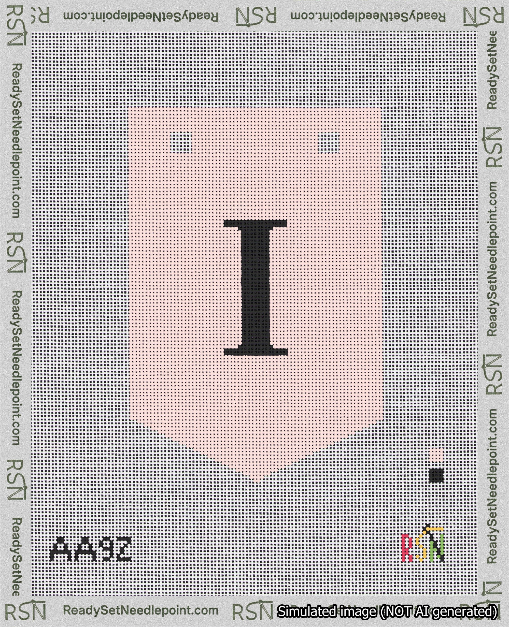 A taped needlepoint canvas with the design: Banner 18 mesh count Pointed I Black on Pink.