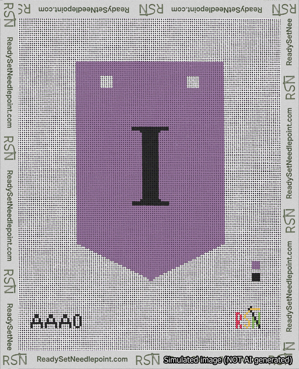 A taped needlepoint canvas with the design: Banner 18 mesh count Pointed I Black on Purple.