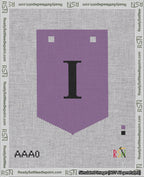 A taped needlepoint canvas with the design: Banner 18 mesh count Pointed I Black on Purple.