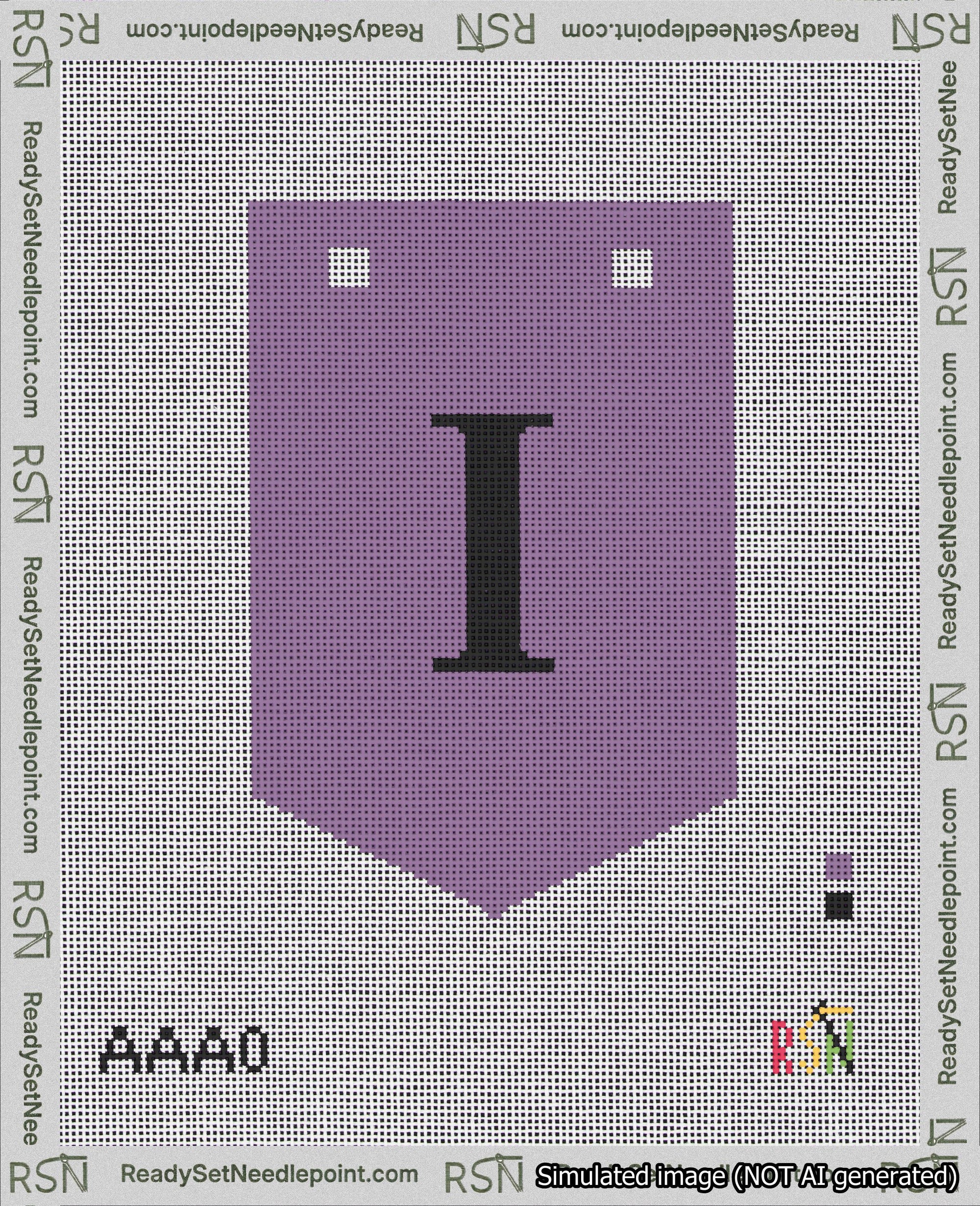 A taped needlepoint canvas with the design: Banner 18 mesh count Pointed I Black on Purple.