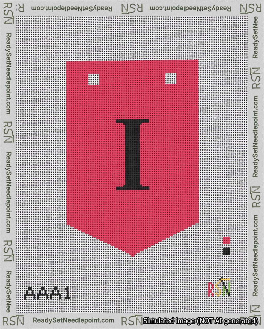 A taped needlepoint canvas with the design: Banner 18 mesh count Pointed I Black on Red.