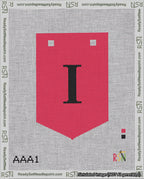 A taped needlepoint canvas with the design: Banner 18 mesh count Pointed I Black on Red.