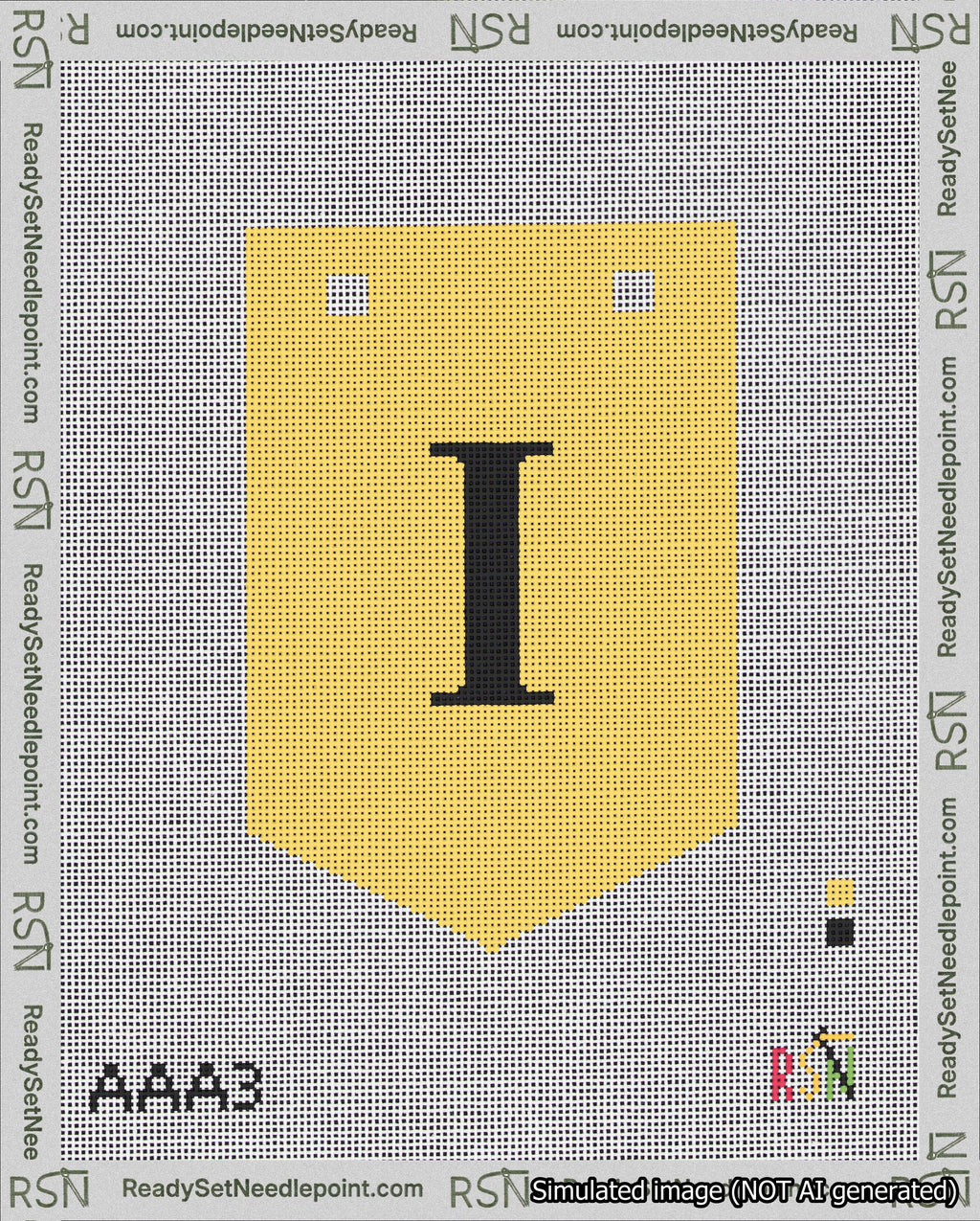 A taped needlepoint canvas with the design: Banner 18 mesh count Pointed I Black on Yellow.