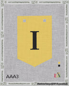 A taped needlepoint canvas with the design: Banner 18 mesh count Pointed I Black on Yellow.