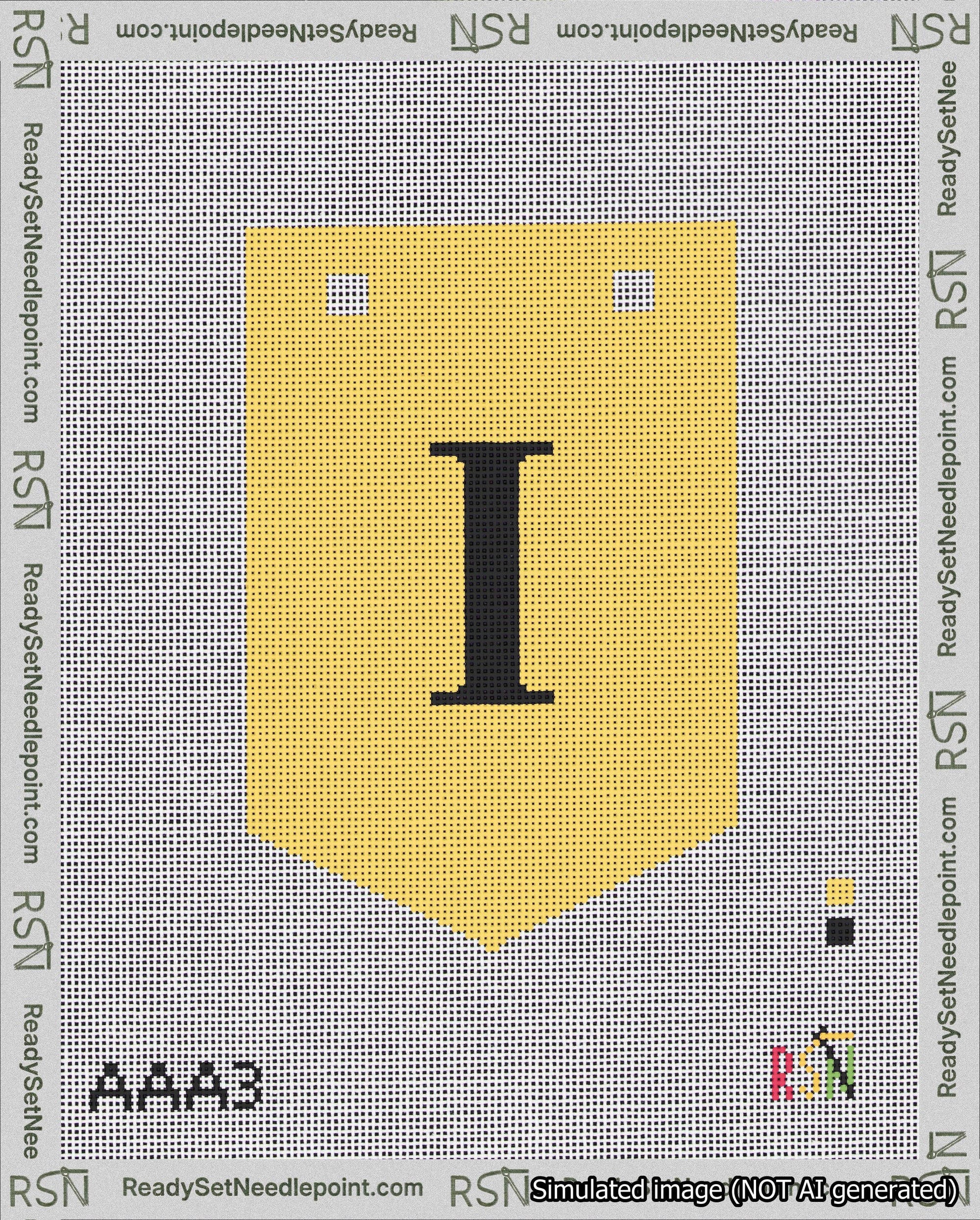 A taped needlepoint canvas with the design: Banner 18 mesh count Pointed I Black on Yellow.
