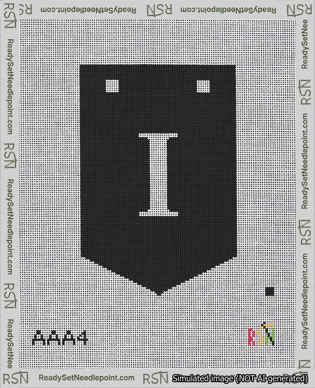 A taped needlepoint canvas with the design: Banner 18 mesh count Pointed I White on Black.