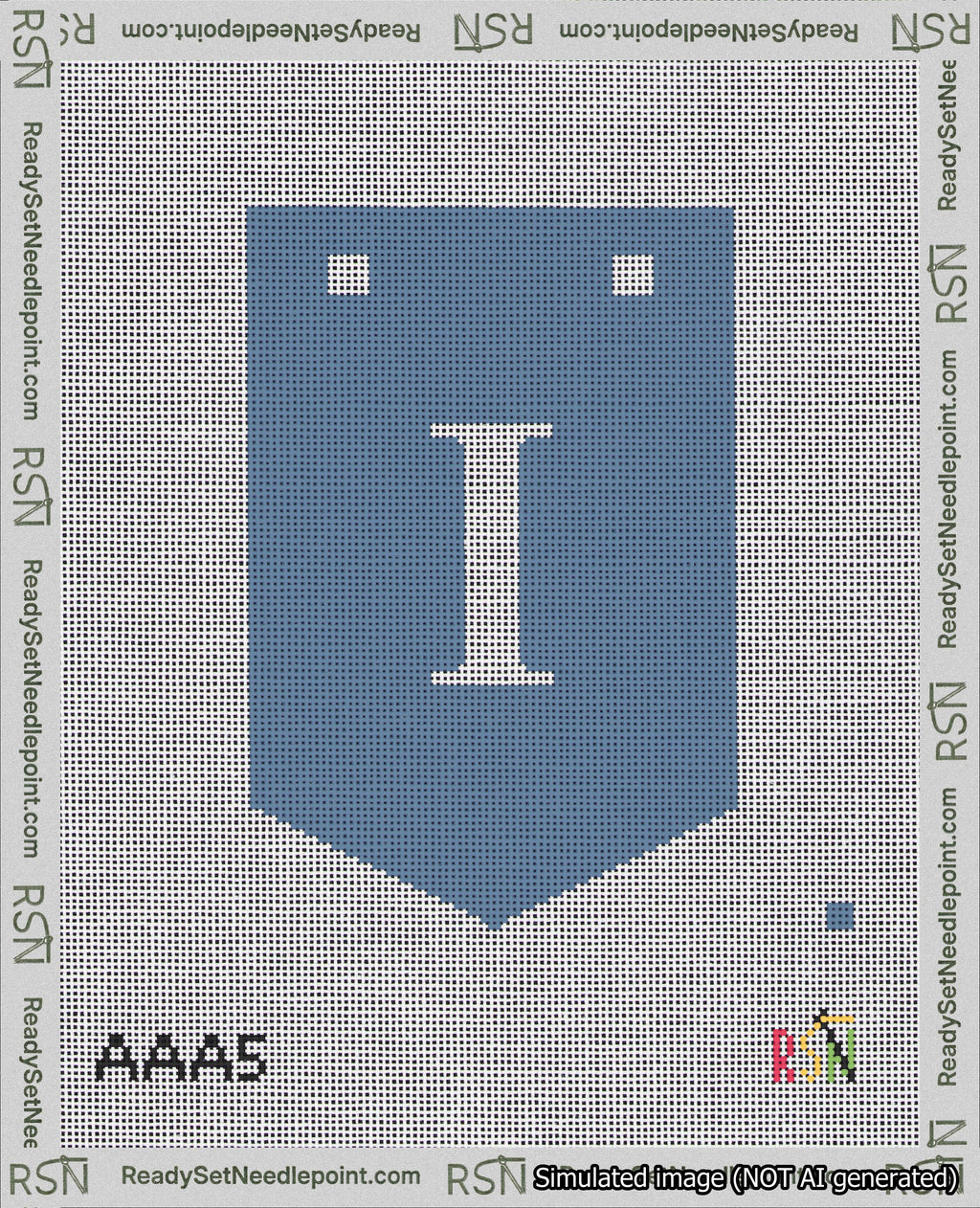 A taped needlepoint canvas with the design: Banner 18 mesh count Pointed I White on Blue.