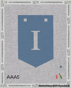 A taped needlepoint canvas with the design: Banner 18 mesh count Pointed I White on Blue.