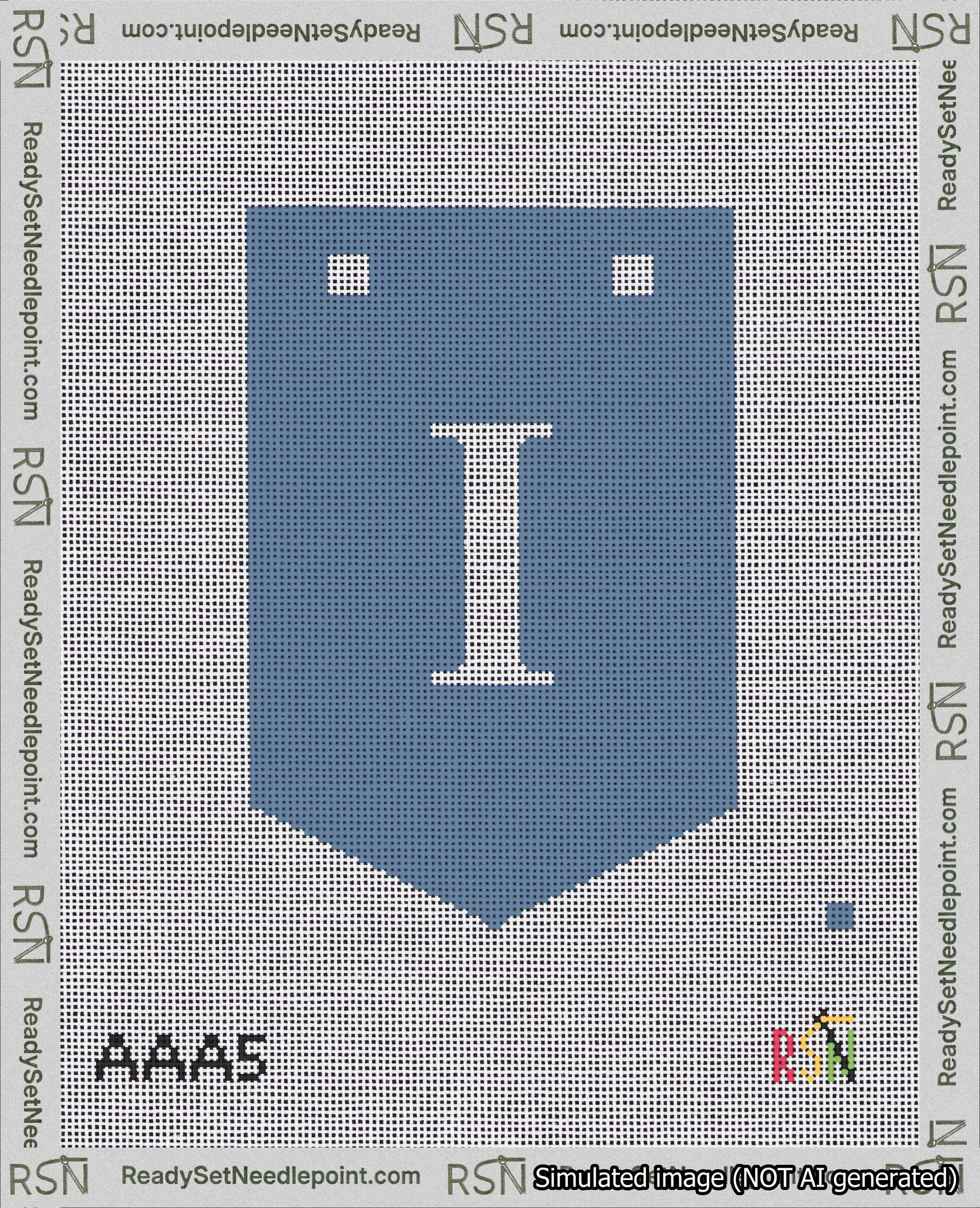 A taped needlepoint canvas with the design: Banner 18 mesh count Pointed I White on Blue.