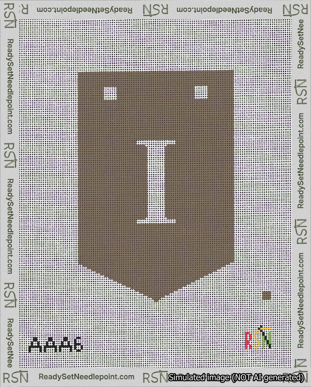 A taped needlepoint canvas with the design: Banner 18 mesh count Pointed I White on Brown.