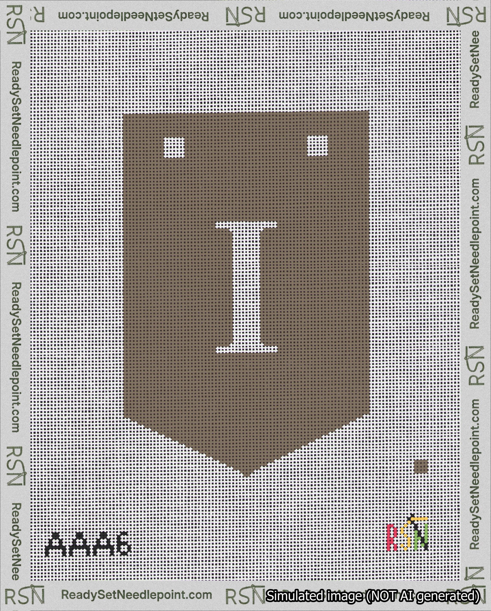 A taped needlepoint canvas with the design: Banner 18 mesh count Pointed I White on Brown.