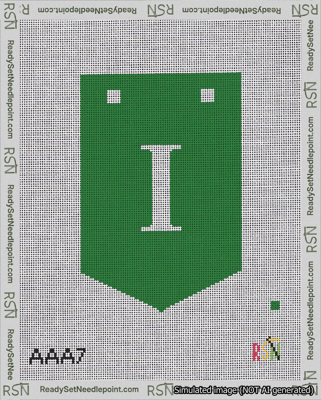 A taped needlepoint canvas with the design: Banner 18 mesh count Pointed I White on Green.