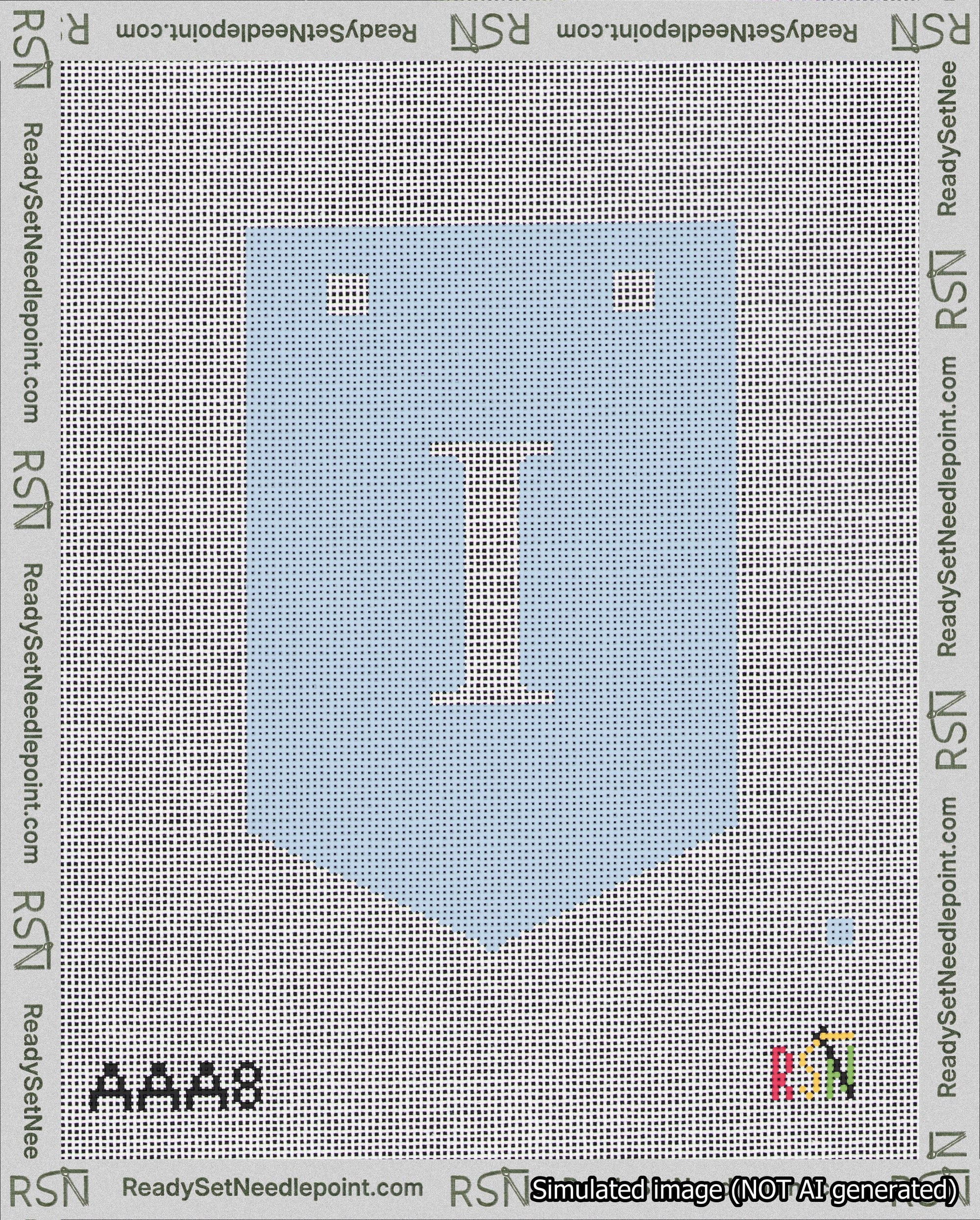 A taped needlepoint canvas with the design: Banner 18 mesh count Pointed I White on Light Blue.