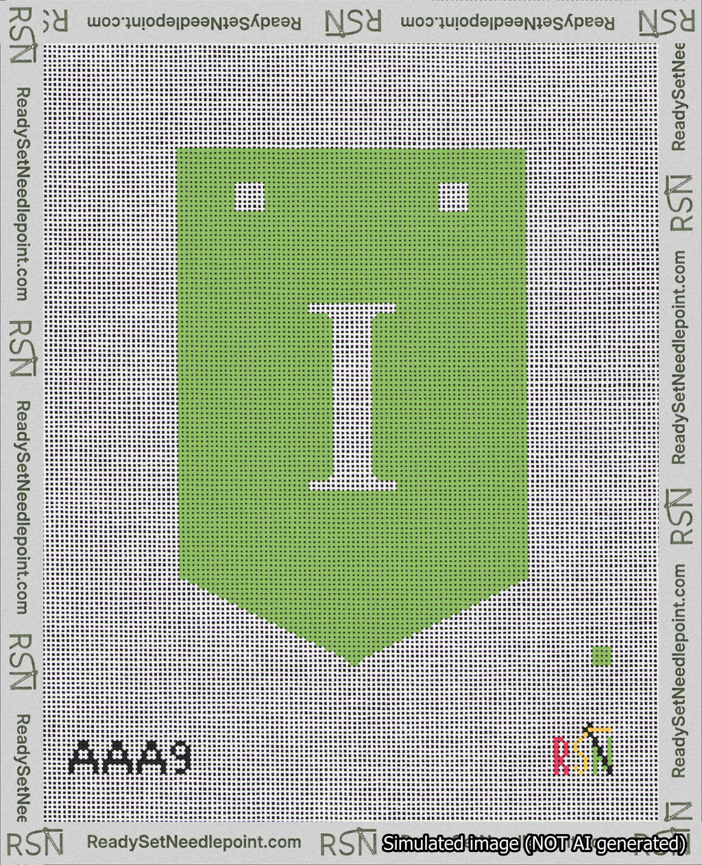 A taped needlepoint canvas with the design: Banner 18 mesh count Pointed I White on Light Green.