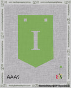 A taped needlepoint canvas with the design: Banner 18 mesh count Pointed I White on Light Green.