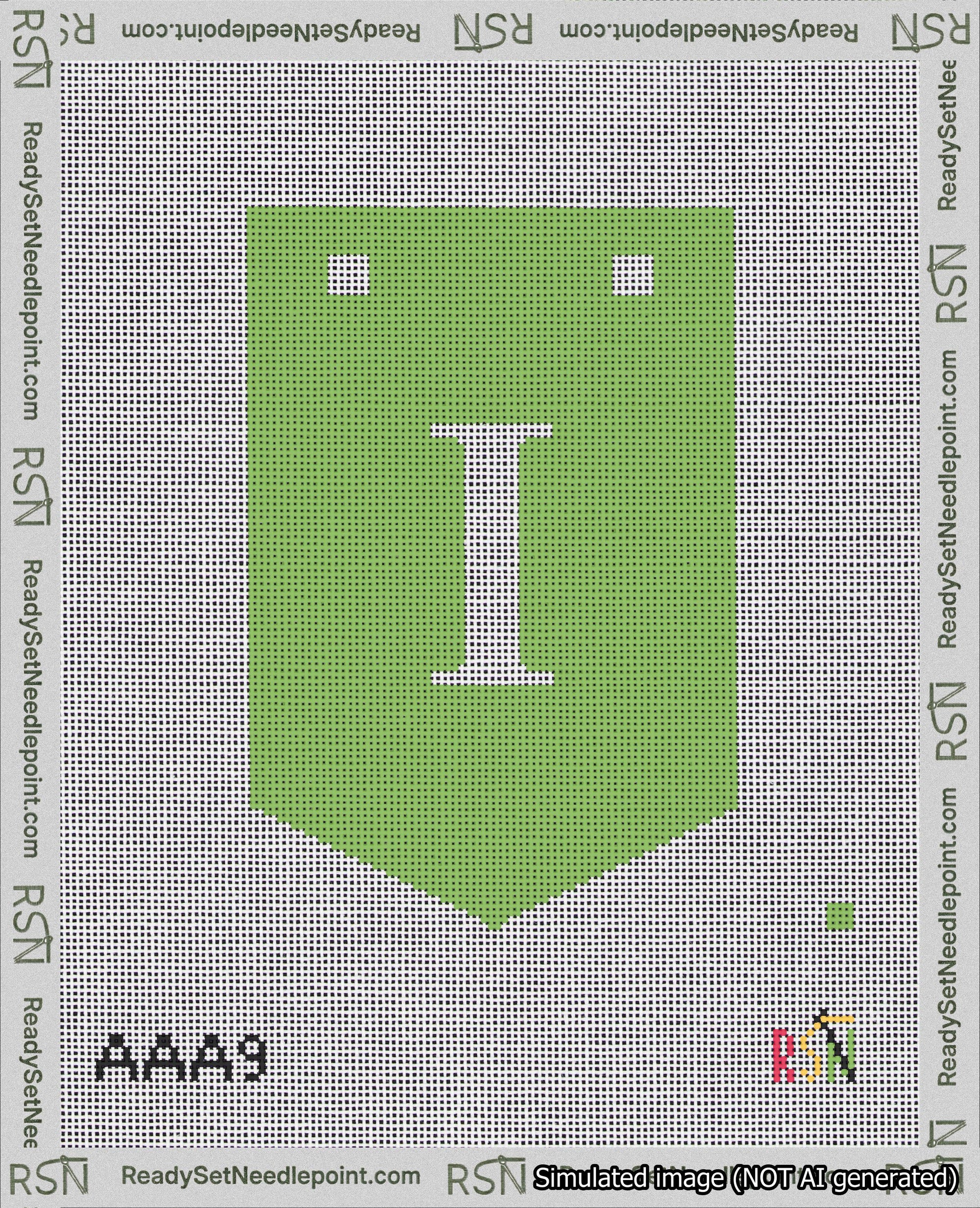 A taped needlepoint canvas with the design: Banner 18 mesh count Pointed I White on Light Green.
