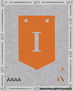 A taped needlepoint canvas with the design: Banner 18 mesh count Pointed I White on Orange.