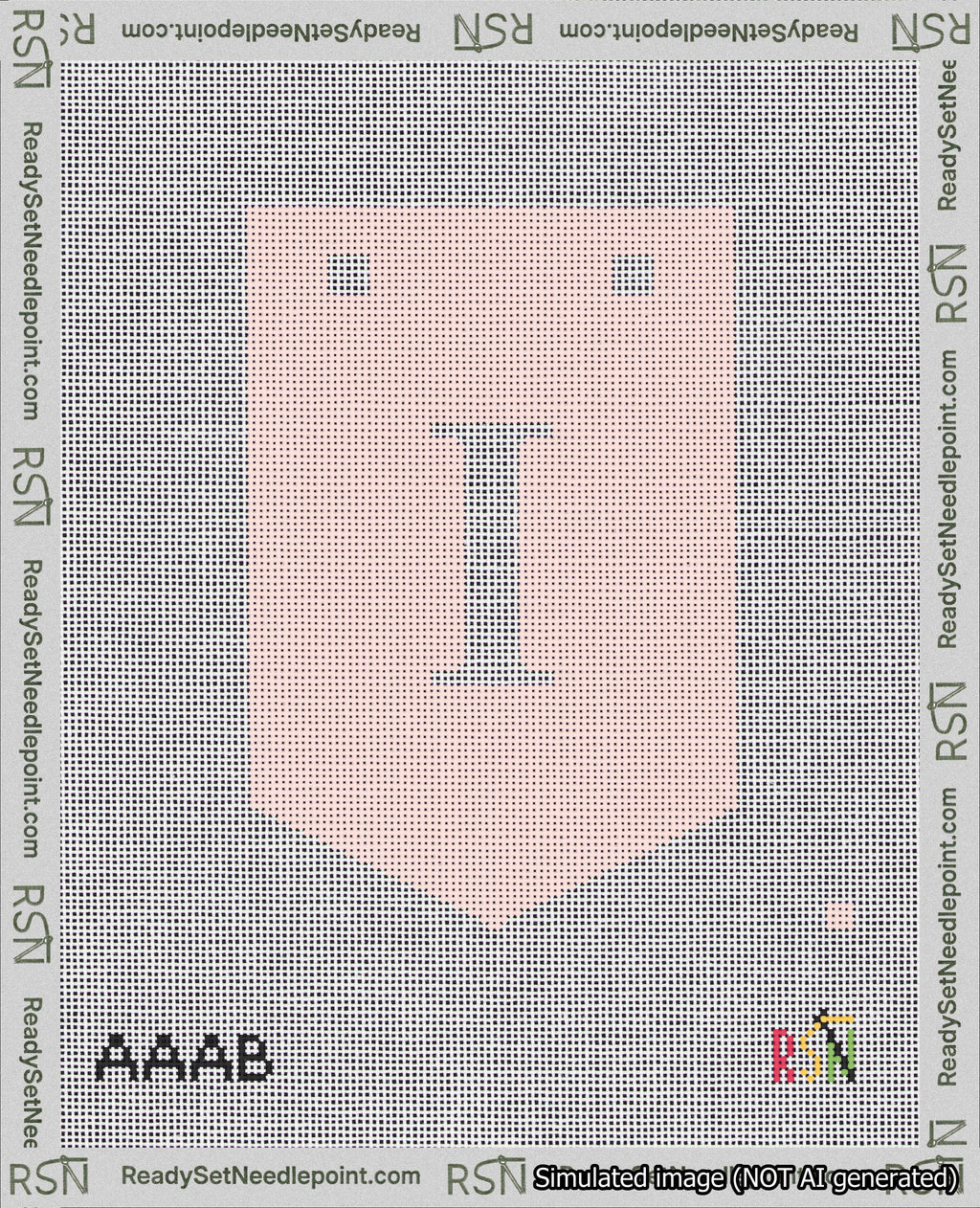 A taped needlepoint canvas with the design: Banner 18 mesh count Pointed I White on Pink.