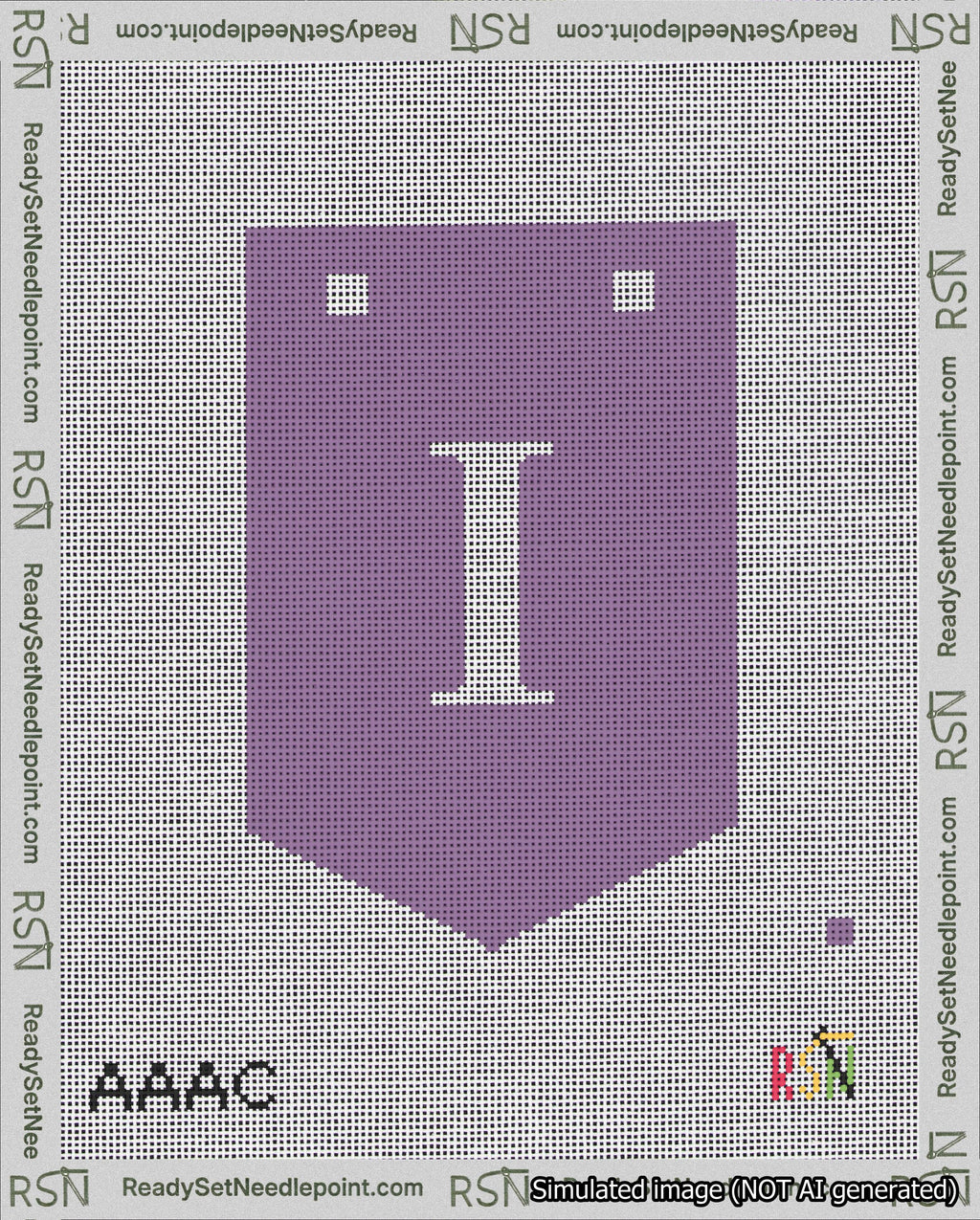 A taped needlepoint canvas with the design: Banner 18 mesh count Pointed I White on Purple.