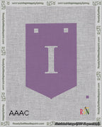 A taped needlepoint canvas with the design: Banner 18 mesh count Pointed I White on Purple.