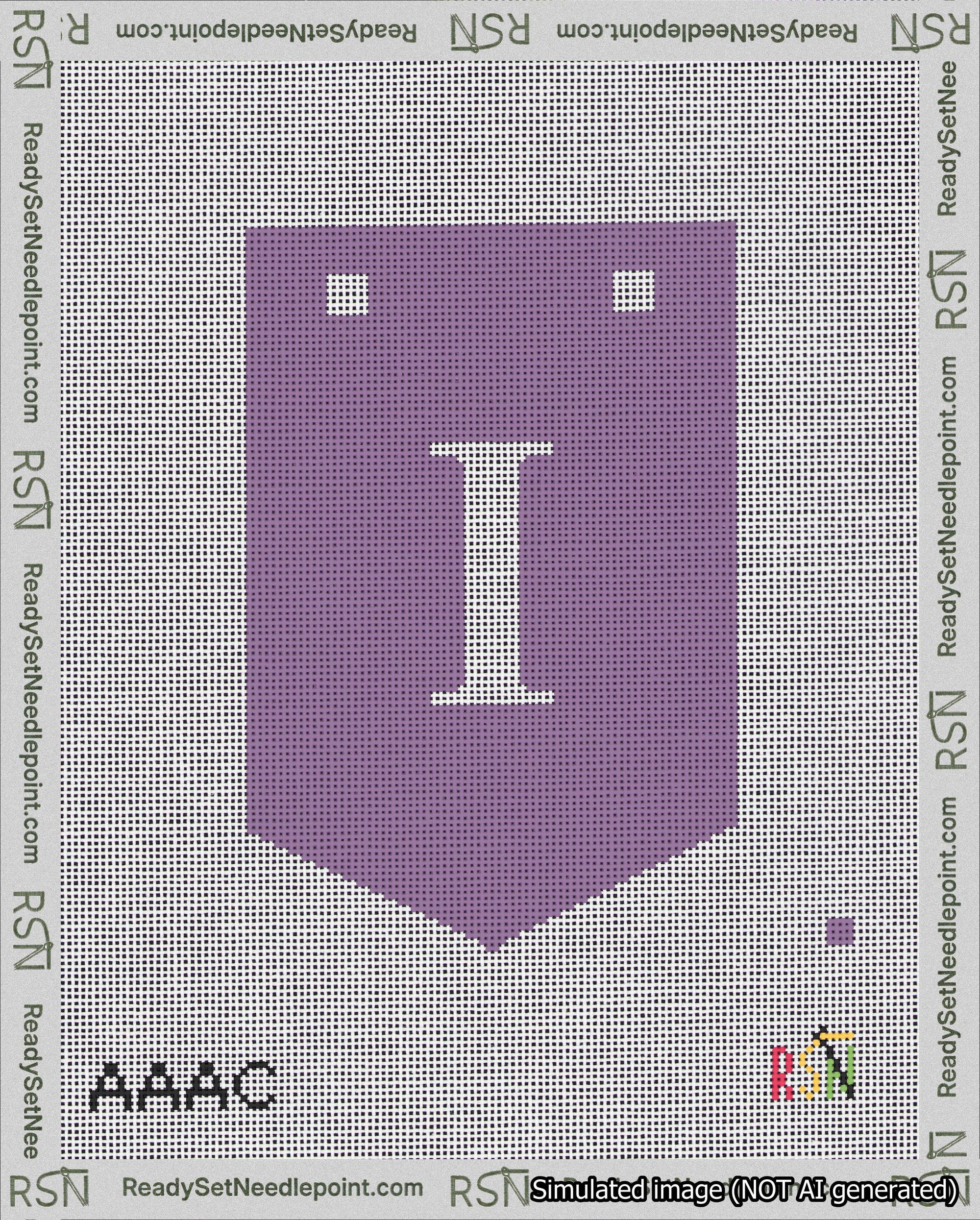 A taped needlepoint canvas with the design: Banner 18 mesh count Pointed I White on Purple.