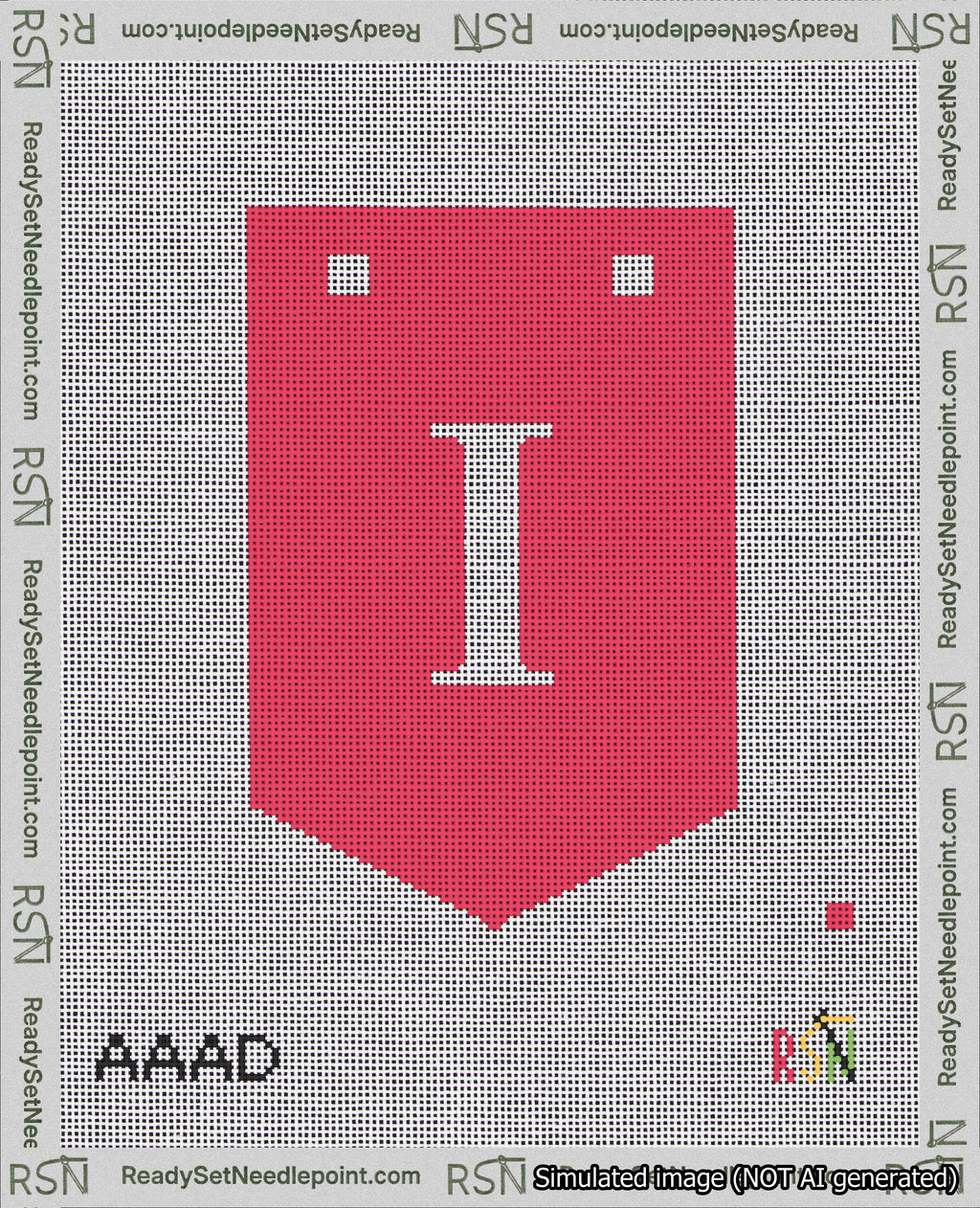 A taped needlepoint canvas with the design: Banner 18 mesh count Pointed I White on Red.