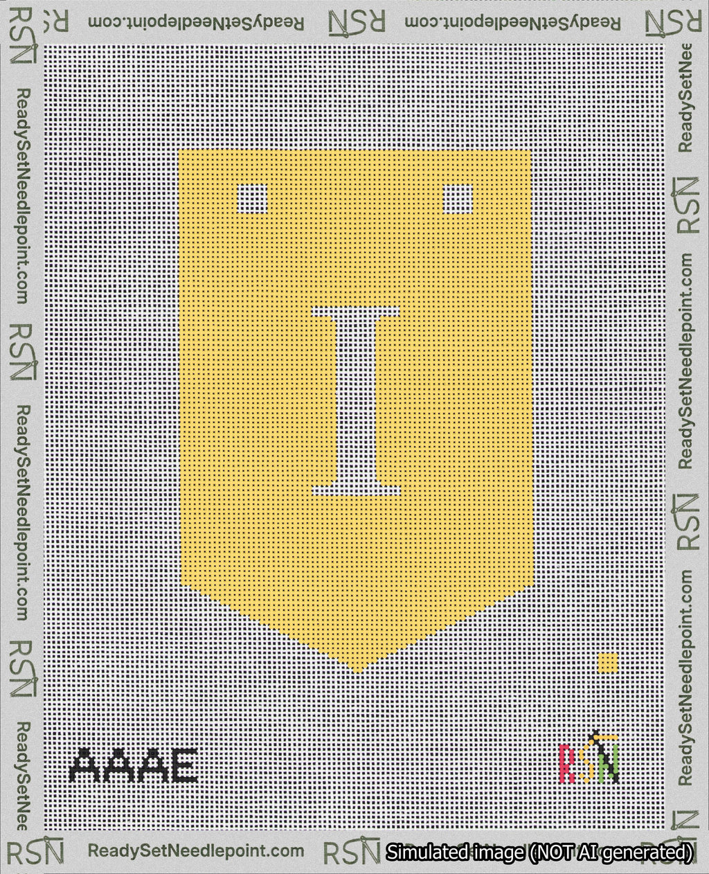 A taped needlepoint canvas with the design: Banner 18 mesh count Pointed I White on Yellow.
