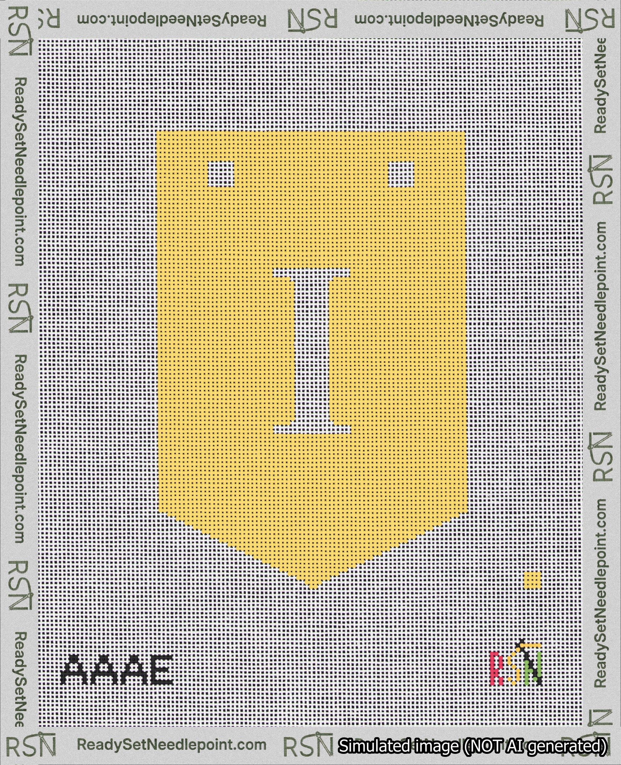 A taped needlepoint canvas with the design: Banner 18 mesh count Pointed I White on Yellow.