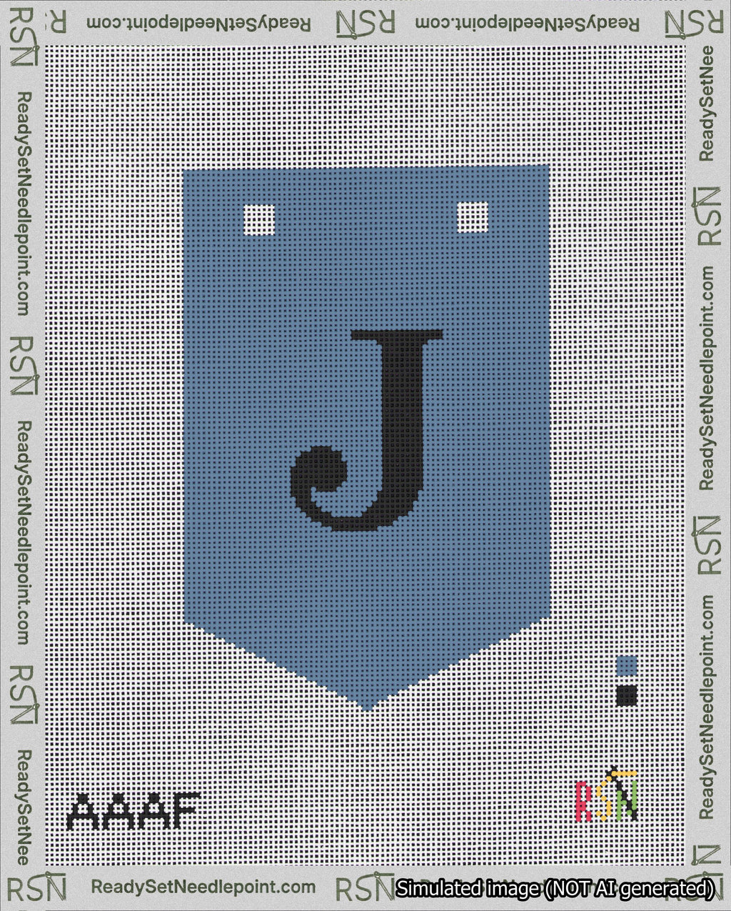 A taped needlepoint canvas with the design: Banner 18 mesh count Pointed J Black on Blue.