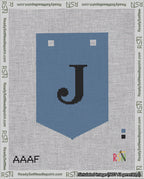 A taped needlepoint canvas with the design: Banner 18 mesh count Pointed J Black on Blue.