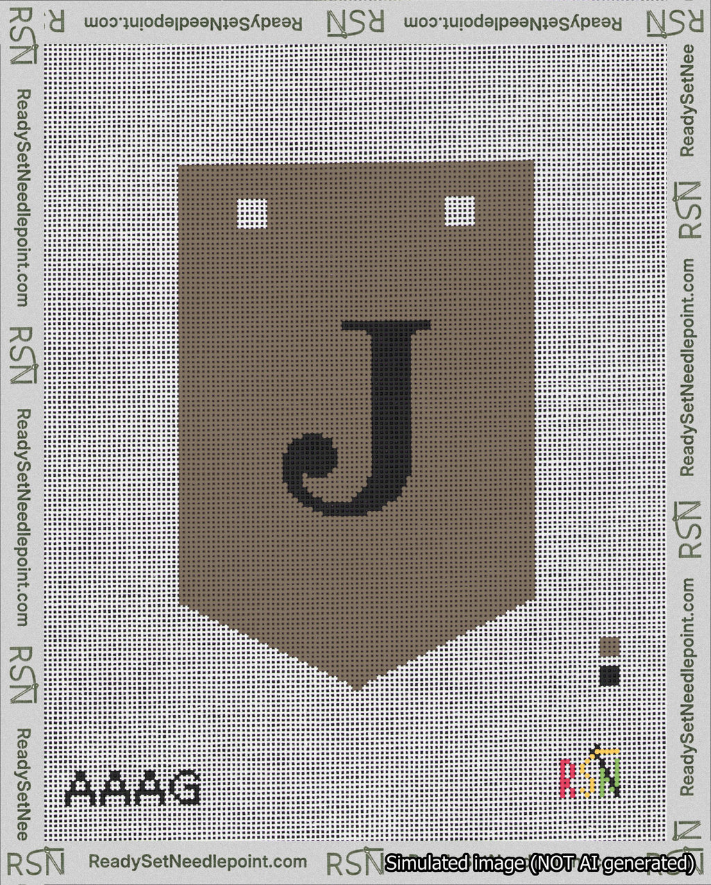 A taped needlepoint canvas with the design: Banner 18 mesh count Pointed J Black on Brown.