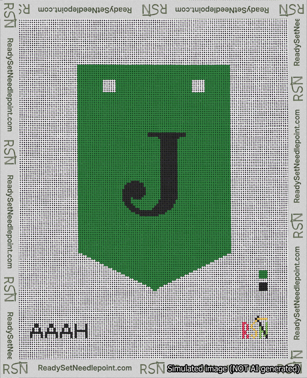 A taped needlepoint canvas with the design: Banner 18 mesh count Pointed J Black on Green.