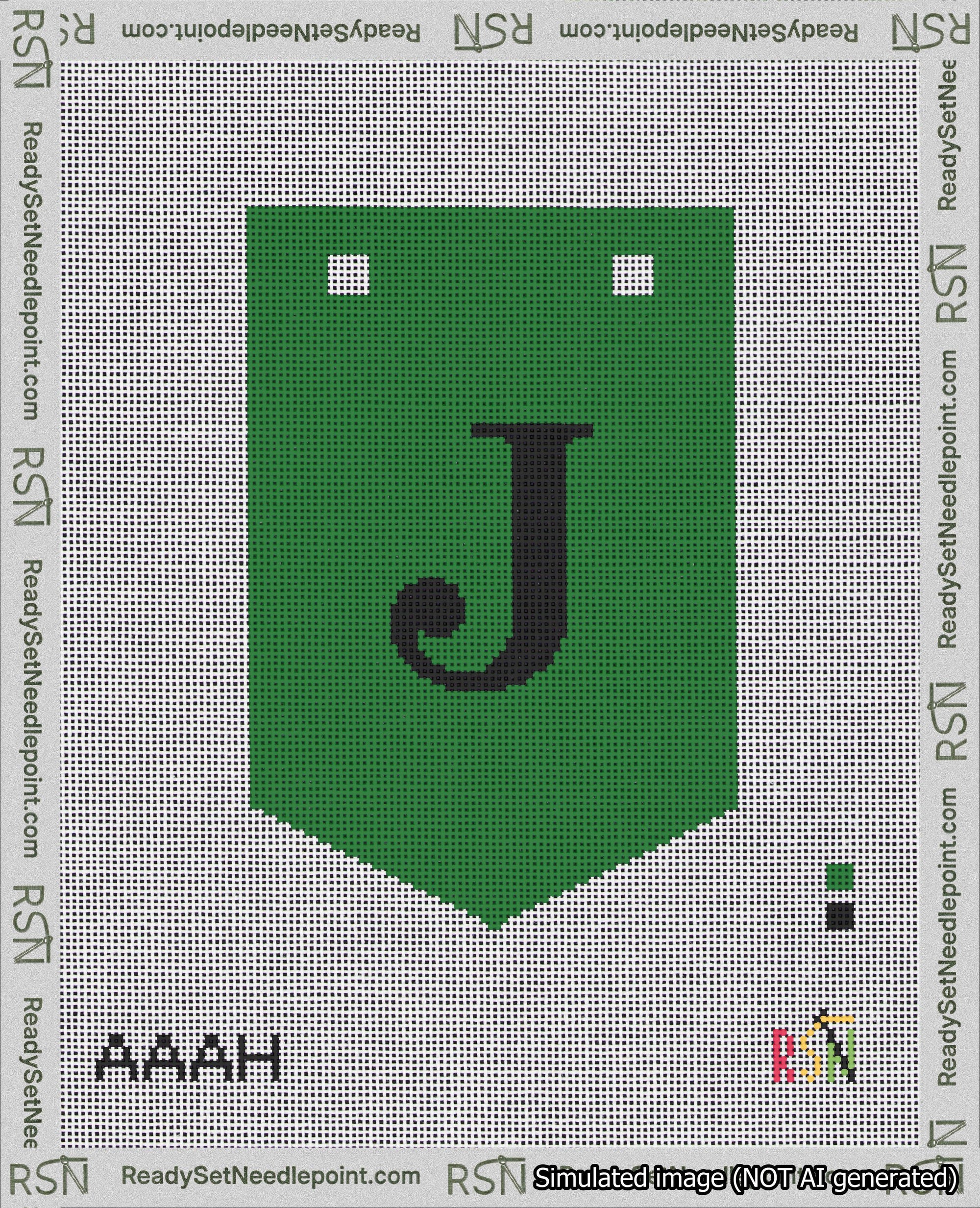 A taped needlepoint canvas with the design: Banner 18 mesh count Pointed J Black on Green.