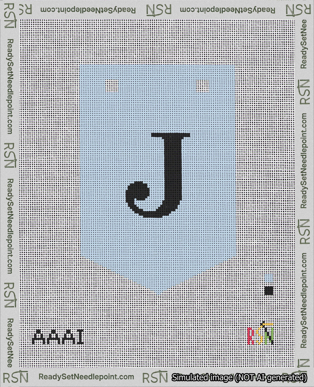 A taped needlepoint canvas with the design: Banner 18 mesh count Pointed J Black on Light Blue.