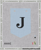 A taped needlepoint canvas with the design: Banner 18 mesh count Pointed J Black on Light Blue.