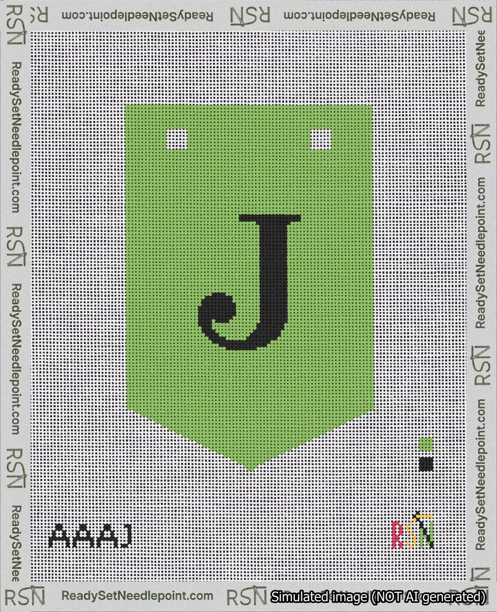 A taped needlepoint canvas with the design: Banner 18 mesh count Pointed J Black on Light Green.