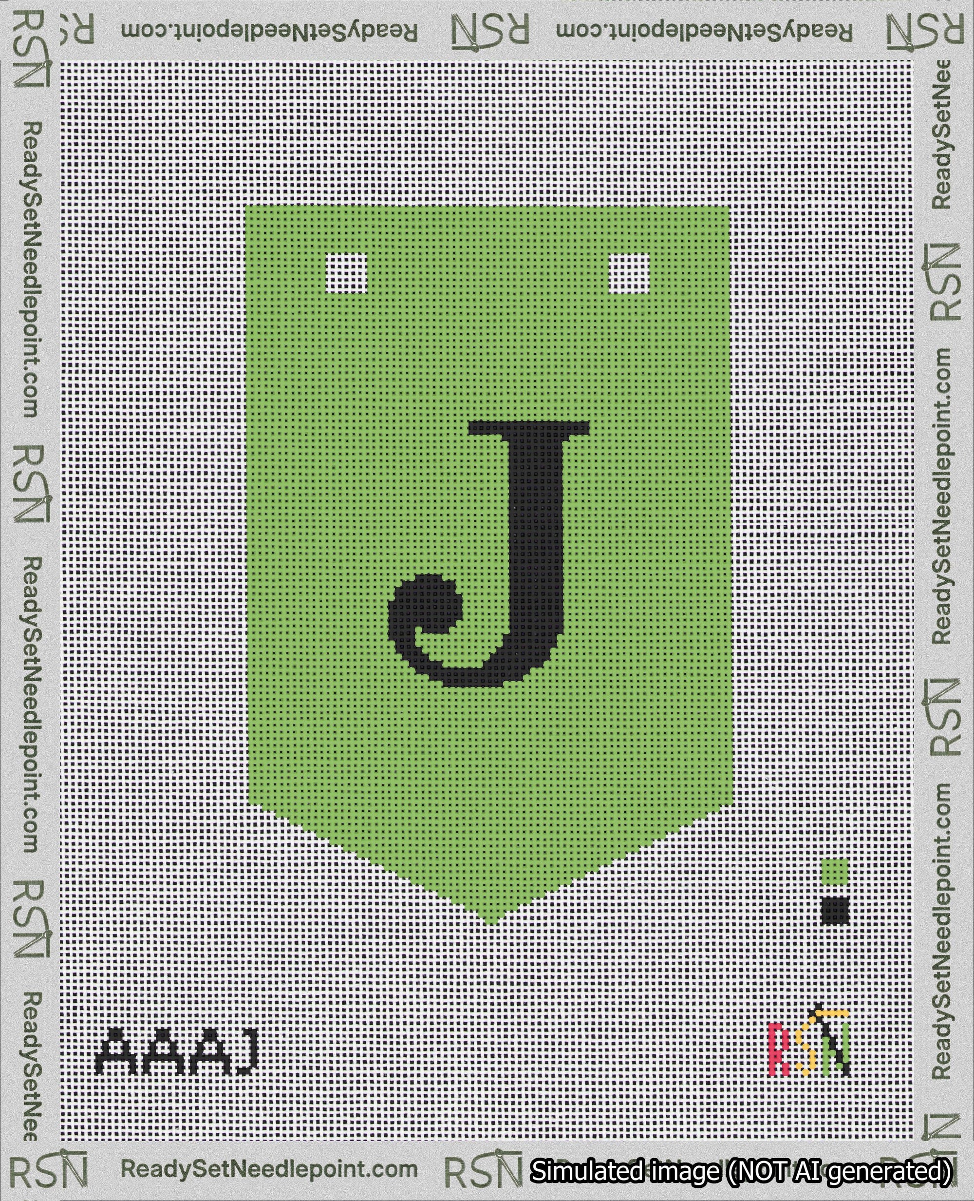 A taped needlepoint canvas with the design: Banner 18 mesh count Pointed J Black on Light Green.