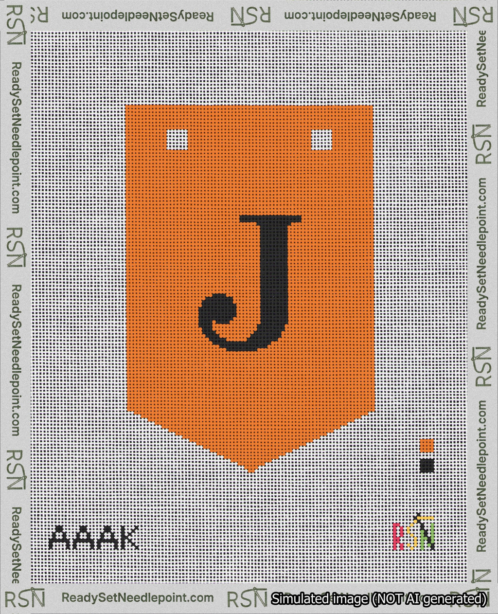 A taped needlepoint canvas with the design: Banner 18 mesh count Pointed J Black on Orange.