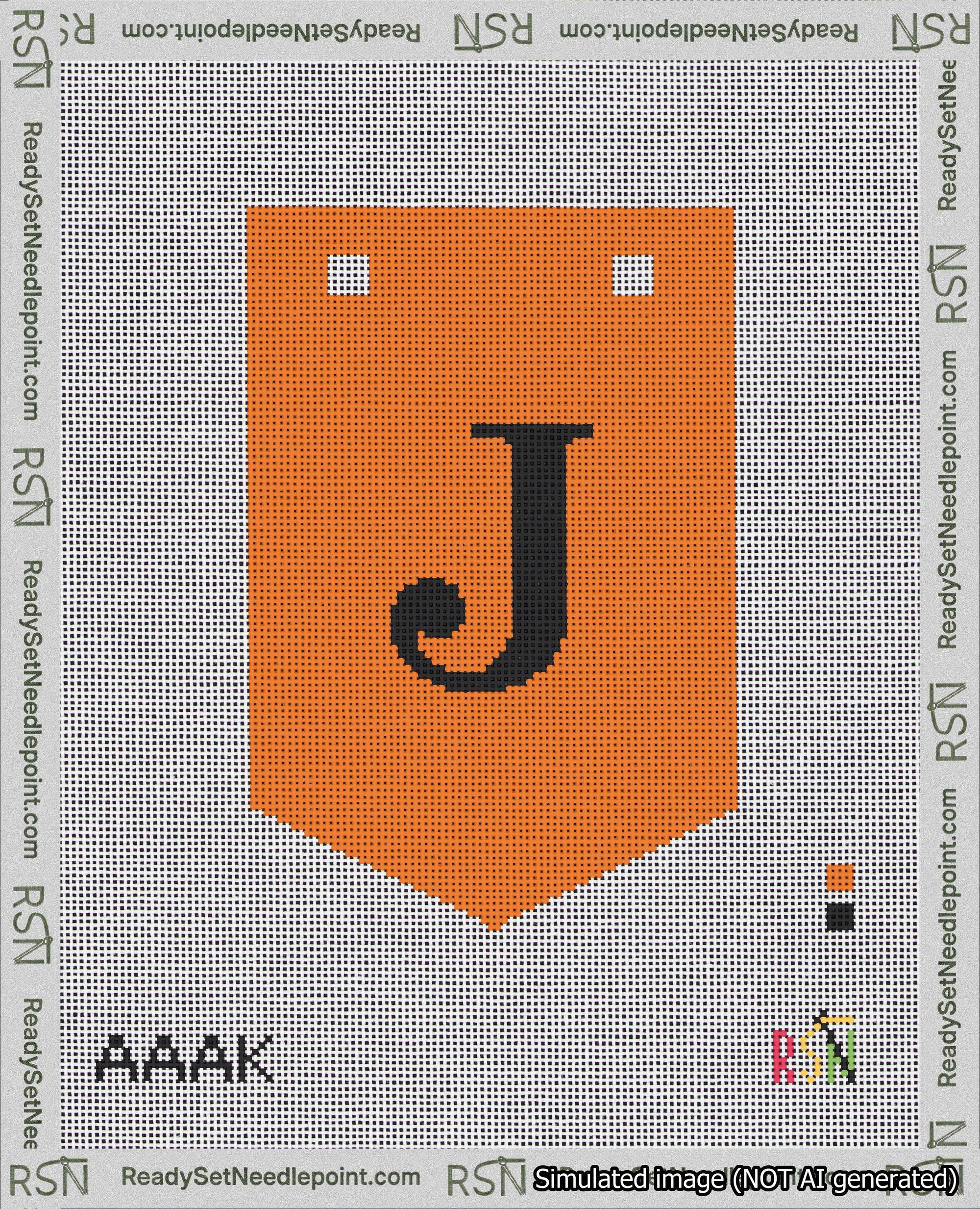 A taped needlepoint canvas with the design: Banner 18 mesh count Pointed J Black on Orange.