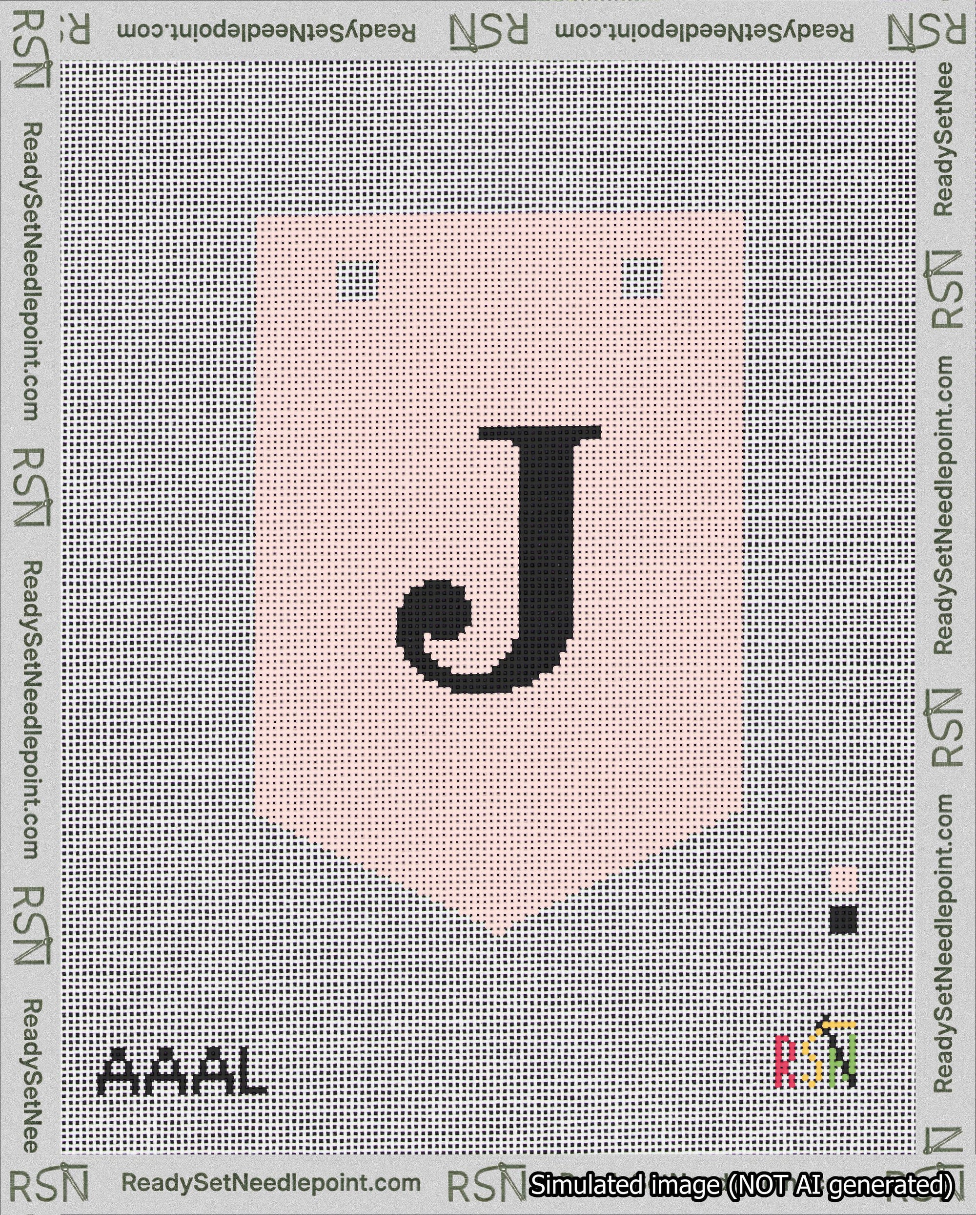 A taped needlepoint canvas with the design: Banner 18 mesh count Pointed J Black on Pink.