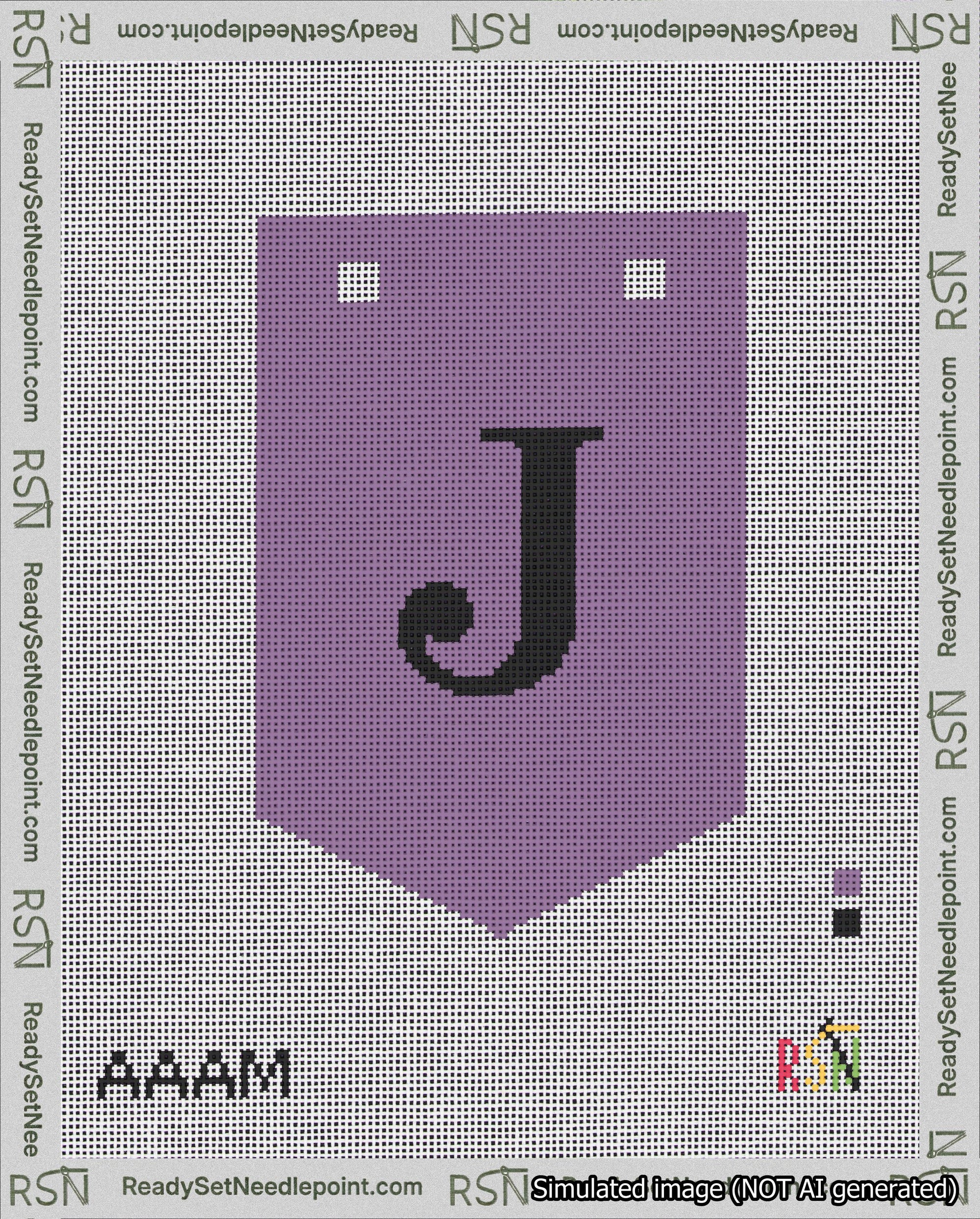 A taped needlepoint canvas with the design: Banner 18 mesh count Pointed J Black on Purple.