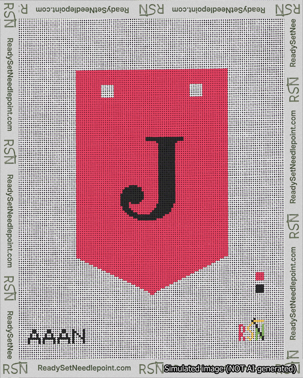 A taped needlepoint canvas with the design: Banner 18 mesh count Pointed J Black on Red.