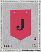 A taped needlepoint canvas with the design: Banner 18 mesh count Pointed J Black on Red.
