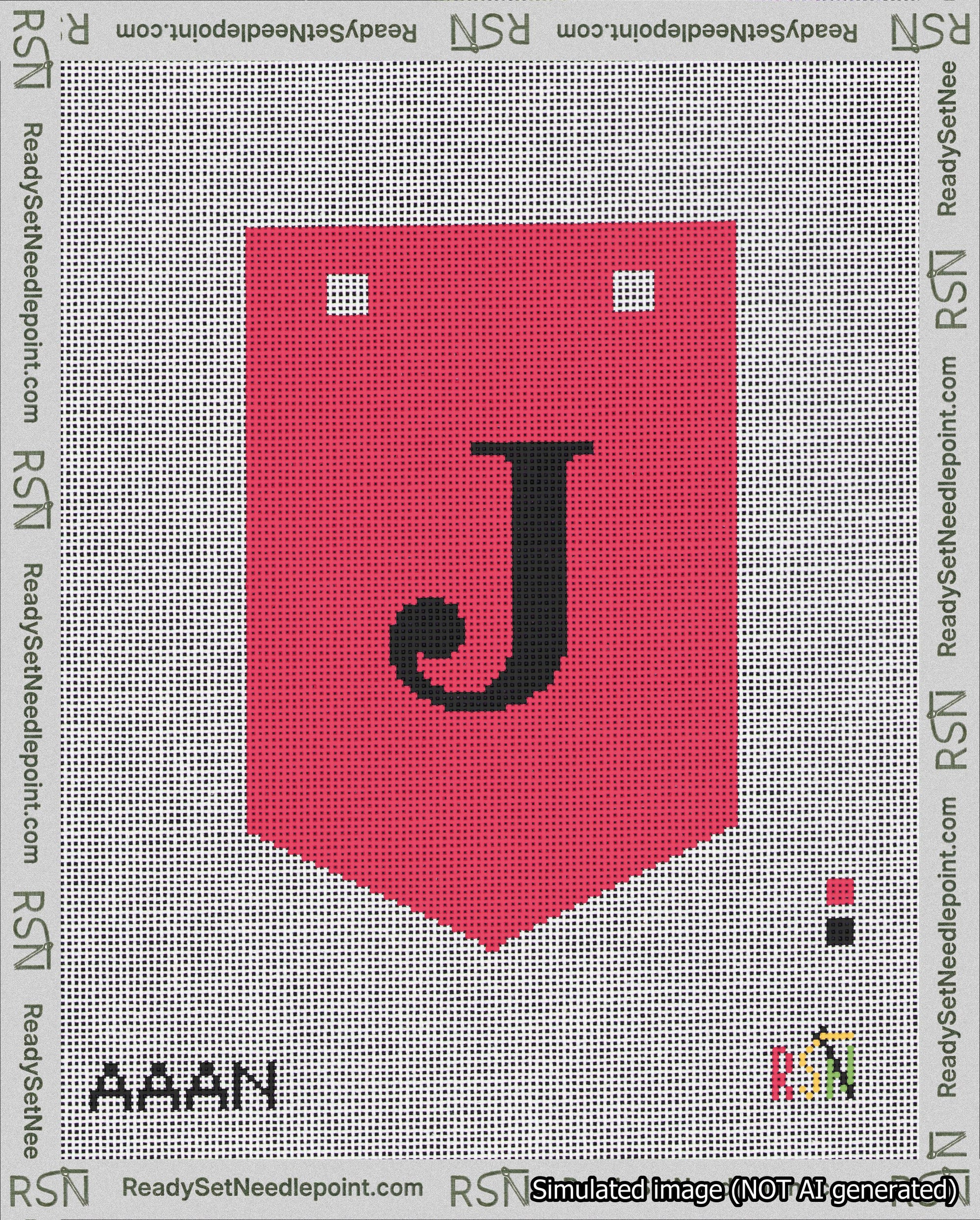 A taped needlepoint canvas with the design: Banner 18 mesh count Pointed J Black on Red.