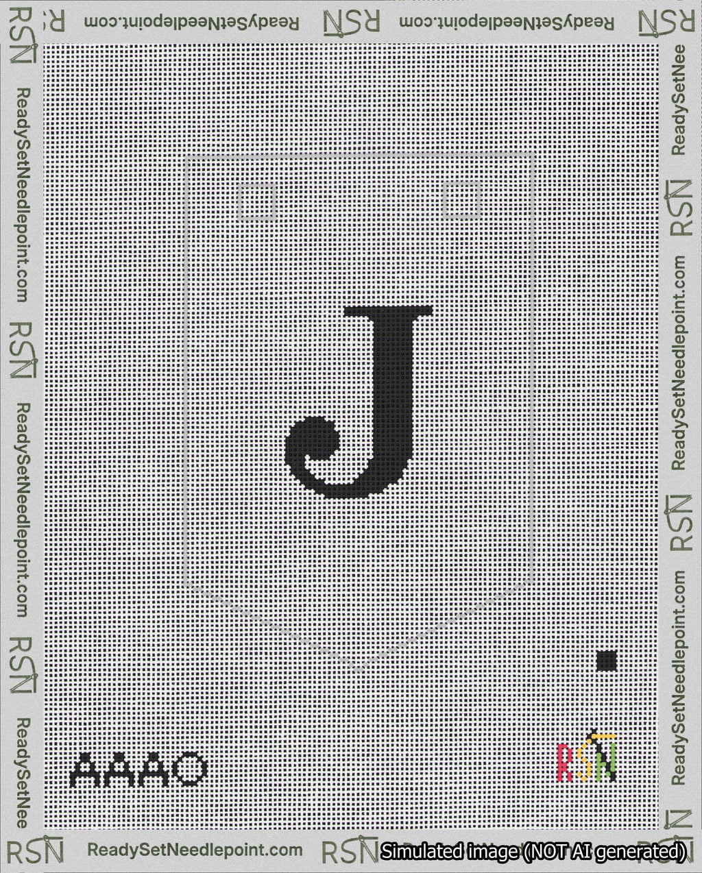 A taped needlepoint canvas with the design: Banner 18 mesh count Pointed J Black on White.
