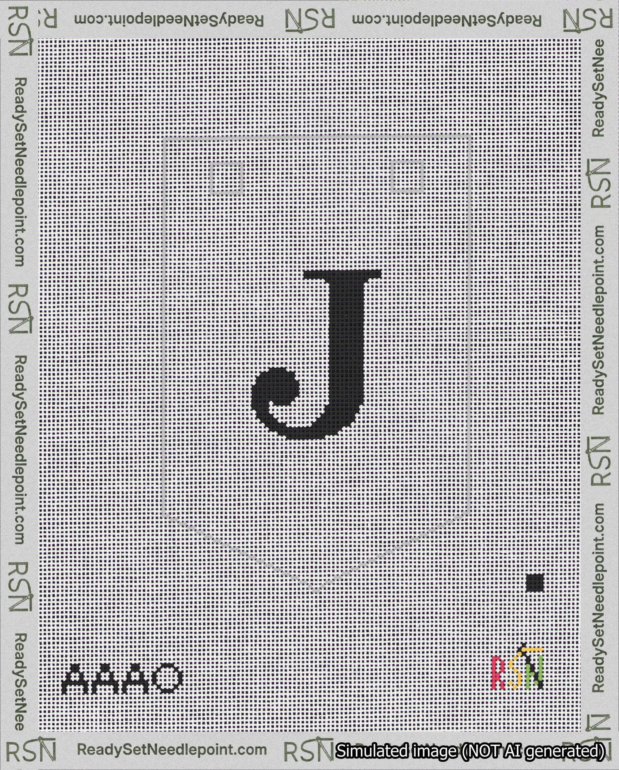 A taped needlepoint canvas with the design: Banner 18 mesh count Pointed J Black on White.